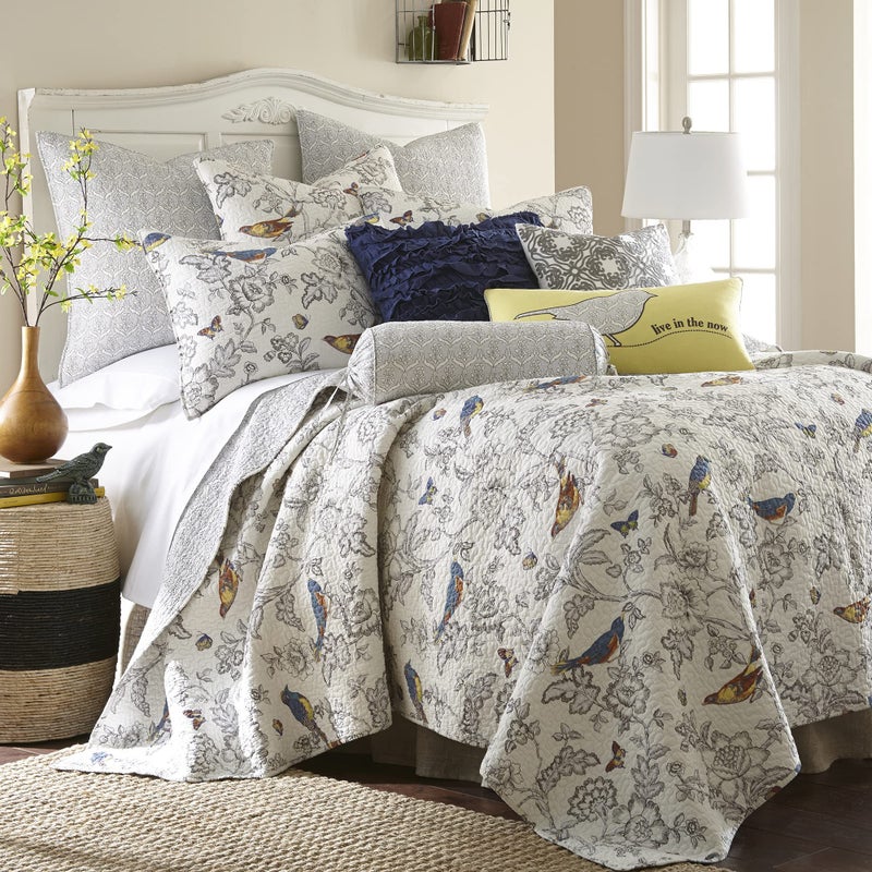 Levtex Home - Mockingbird Quilt Set - Full/Queen Quilt 88x92in. + Two Standard Pillow Shams 26x20in. - Grey Toile with Birds and Butterflies - Reversible - Cotton - Image 1